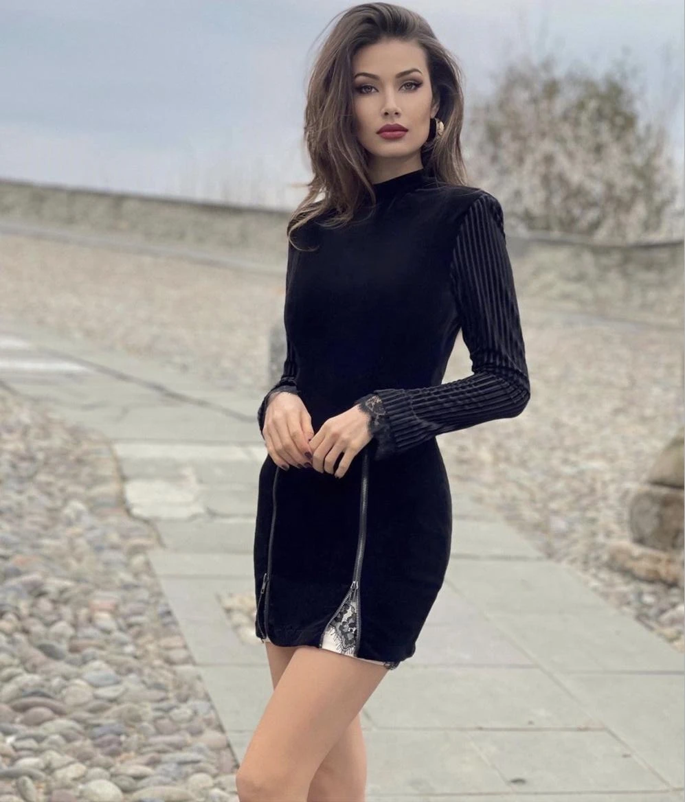 

Sexy Women Fashion Long Sleeve Zipper Lace Backless Black Mini Bandage Dress 2021 Elegant Evening Party Dress Vestidos