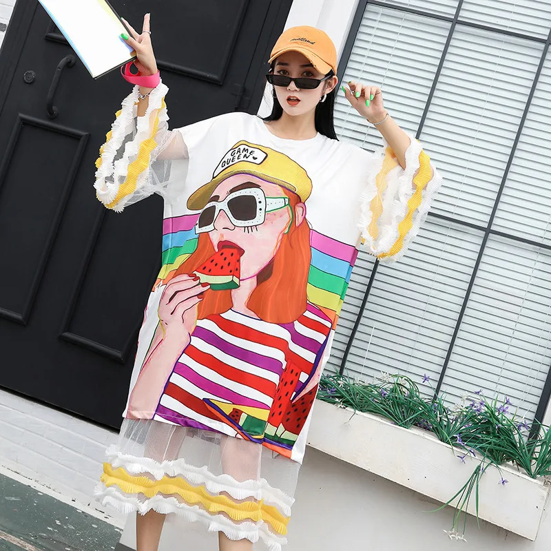 

Женское платье с принтом персонажа, летнее Сетчатое лоскутное платье в полоску, длинное белое платье с расклешенным рукавом, Z795, 2021