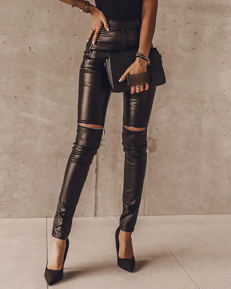 

Black PU Leather Pants Women Zipper Design High Waist Pants
