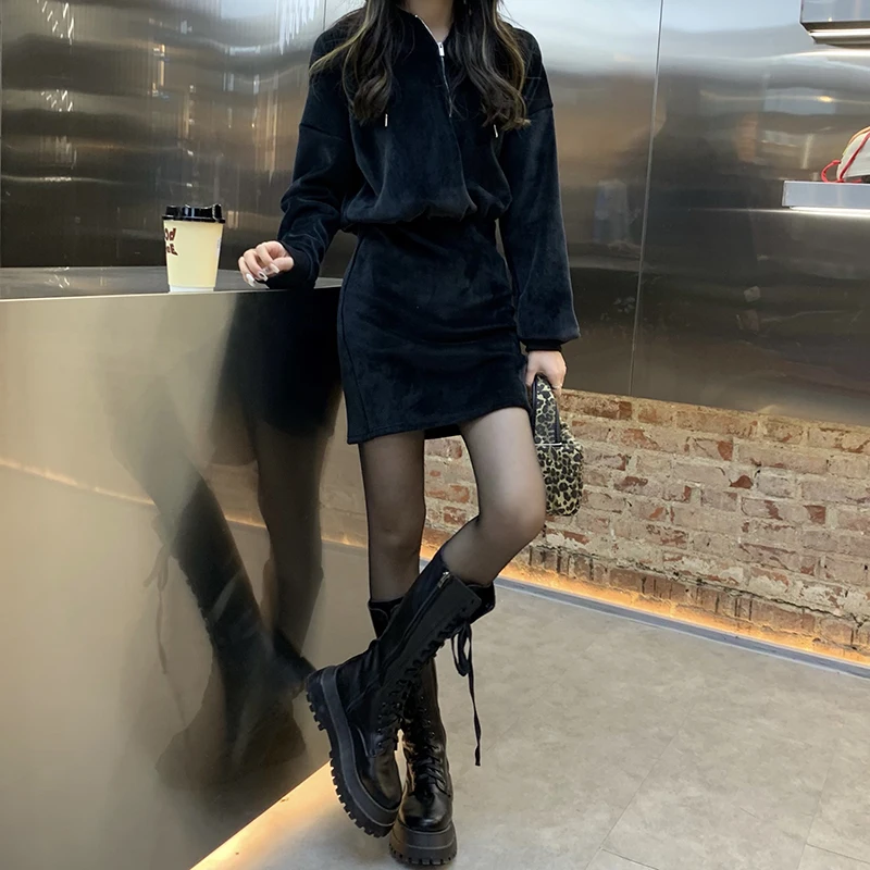 

2021 Autumn Winter Casual Solid Zip Up Short Hoodie Dress Women Cotton High Waist Long Sleeves Three Colors Mini Dresses Female