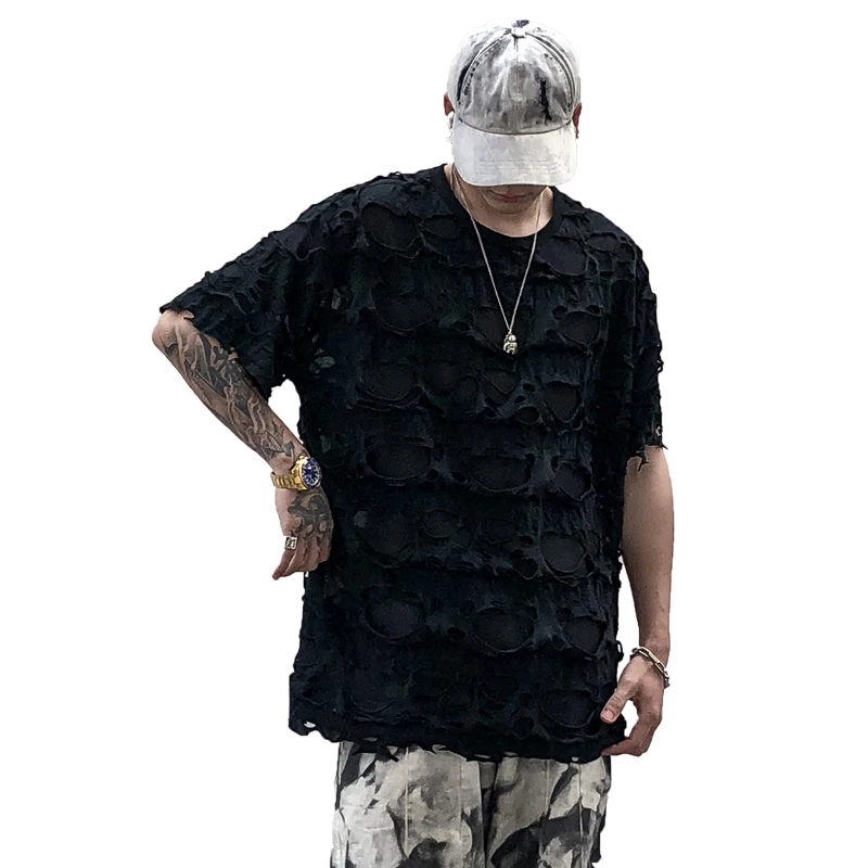 

Men Broken Hole Short Sleeve T-shirt Male Streetwear Hip Hop Gothic Style Vintage Fashion Casual Loose Tees Shirts