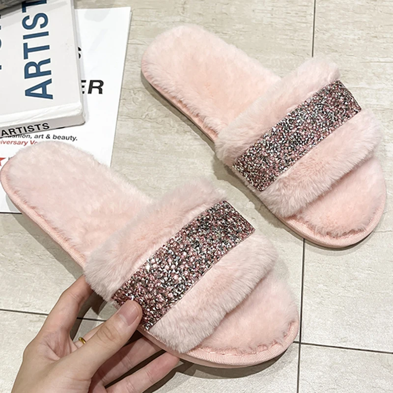 

Autumn Winter New Women Furry Slippers Fashion 2021 Flats House Slides Female Flock Flip Flops Shoes Ladies Fur Slippers