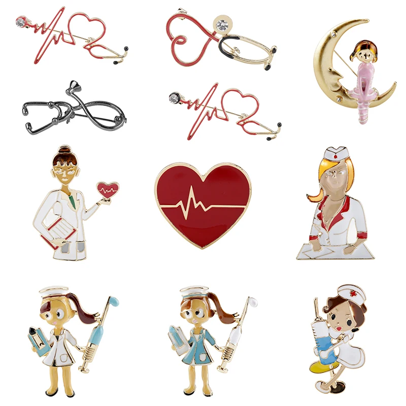 

Medical Nurse Stethoscope Thermometer Shape Brooch Pin Electrocardiogram Heart Shaped Pin Doctor Nurse Safty Accessories Hajin