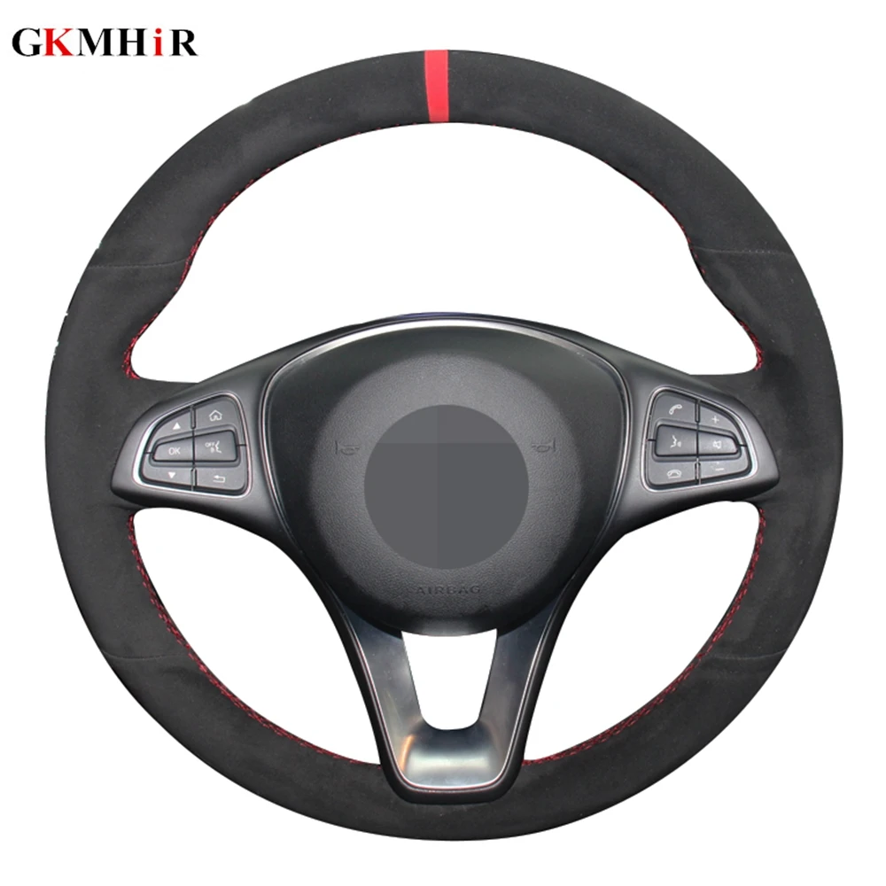 

DIY Black Car Steering Wheel Cover Volant For Mercedes Benz C180 C200 C260 C300 B200 Hand-stitched Suede Genuine Leather