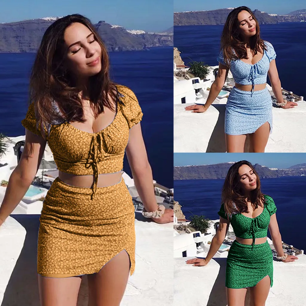 

Women's Printed Crop Tops + Side Split Tight Hip Skirt Suit sexy Short Suits female Casual two-piece summer beach suit