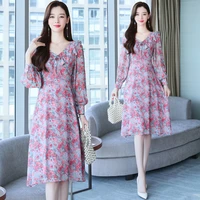 new women midi floral chiffon floral dress autumn spring 2022 runway long sleeve boho dress korean elegant casual party dresses