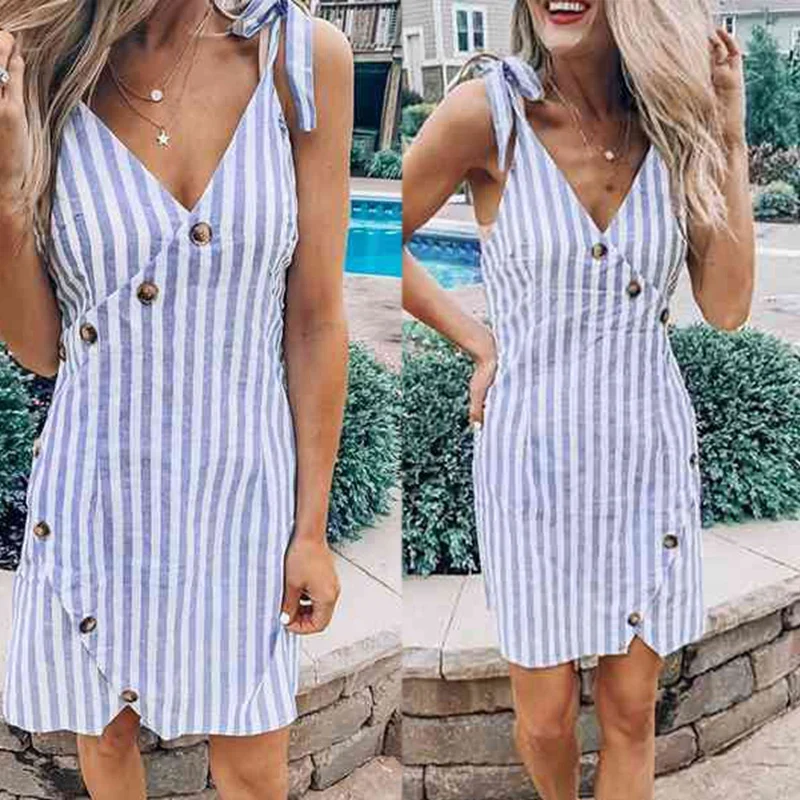 

Летнее повседневное женское платье в полоску, сарафан на пуговицах с бретельками, модное женское платье с V-образным вырезом и поясом