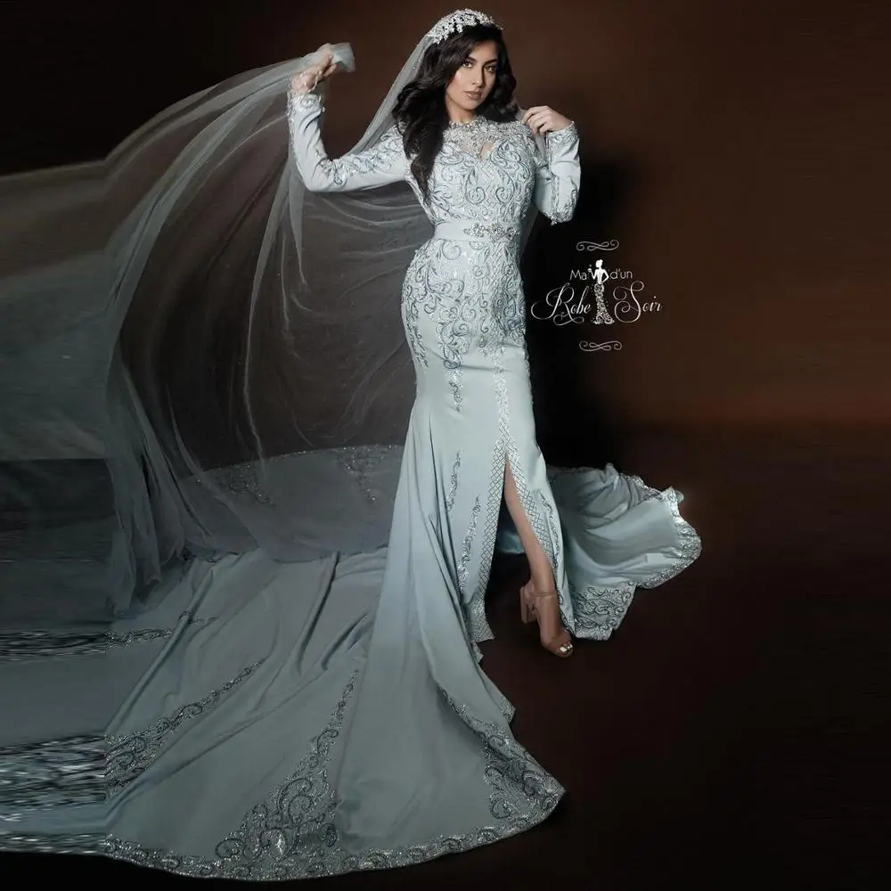 

Mermaid Moroccan Caftan Slit Evening Kaftan Dresses Embroidery Long Sleeve Formal Dress elbise abiye Burgundy Evening Gown