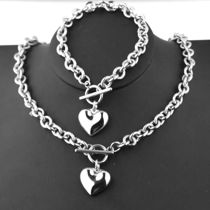 

1Set Women Stainless Steel Chain Heart Toggle Bracelet Necklace Jewelry Gifts