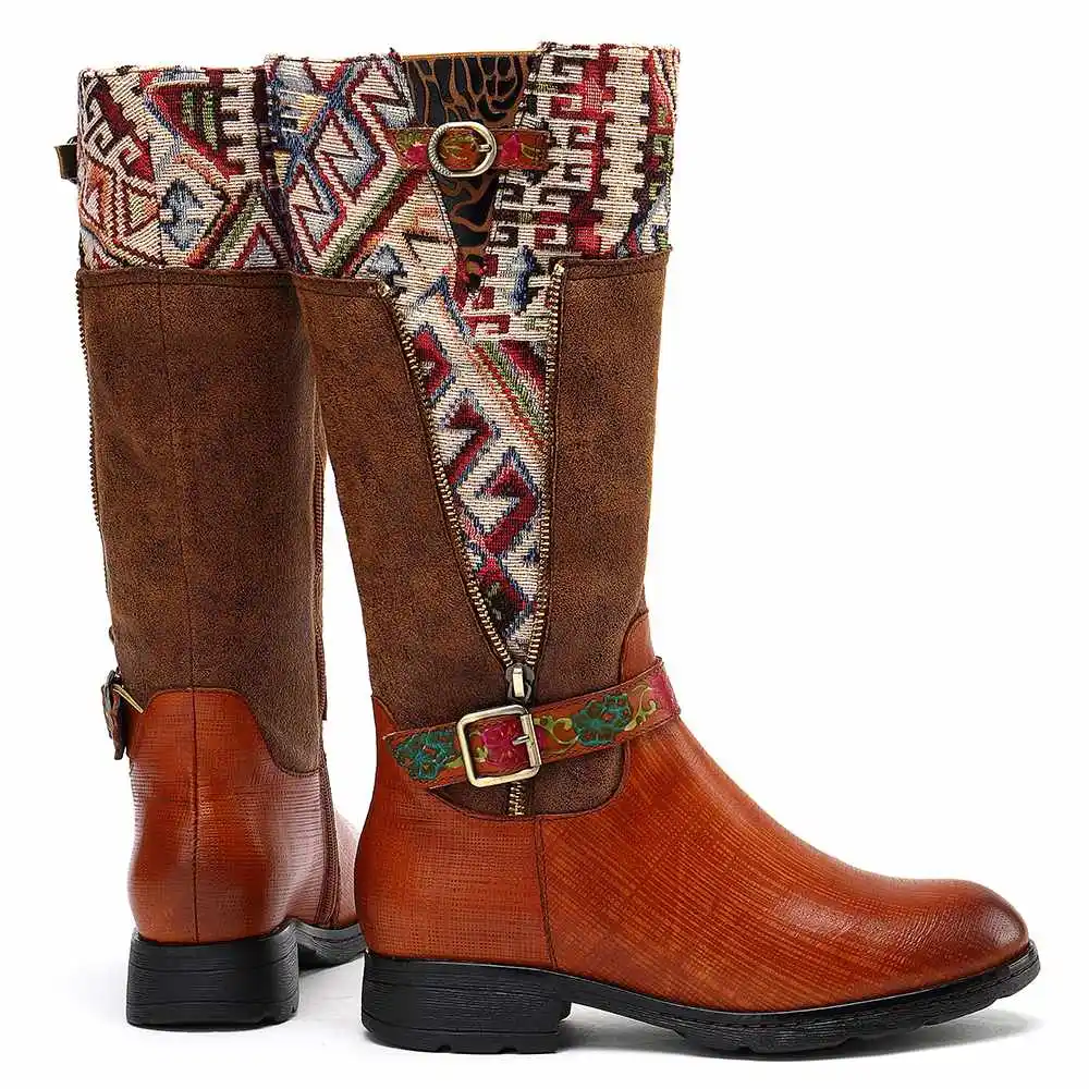 SOCOFY Botas mujer; ботинки из натуральной кожи с квадратным узором; ботинки до середины икры на мягкой плоской подошве; обувь на каблуке; женская зимняя обувь