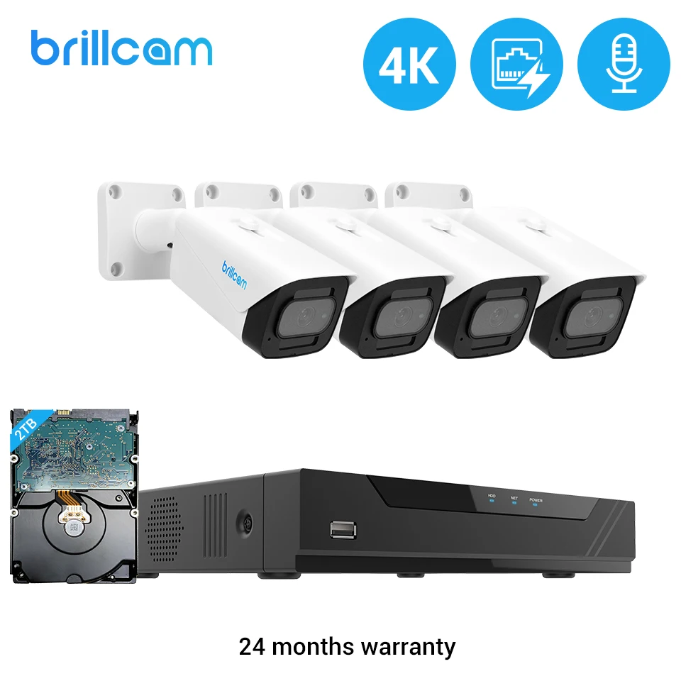 Brillcam 8CH 4K Video Surveillance Camera Set POE NVR Kit CCTV Security System Outdoor 8MP Motion Detection Poe IP | Безопасность и