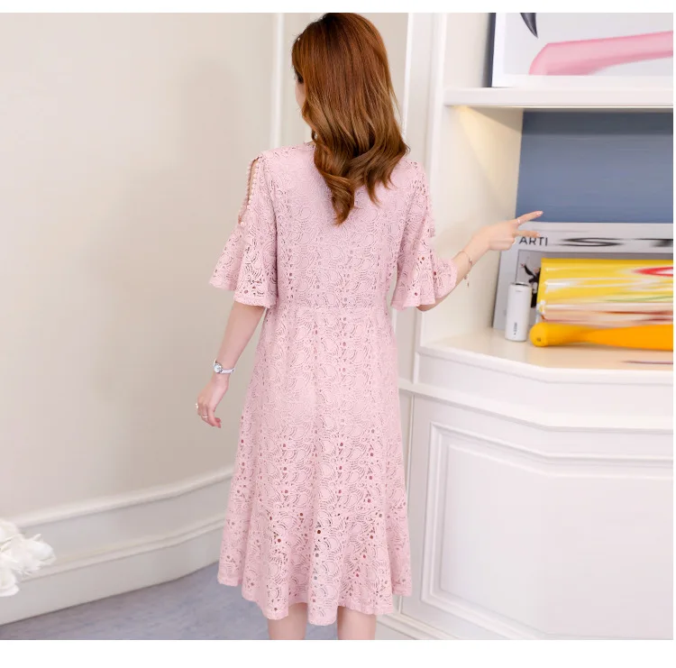 

2020 Summer pregnant women Lace dress fashion off shoulder v-neck hollow out lace knee-length maternity dress