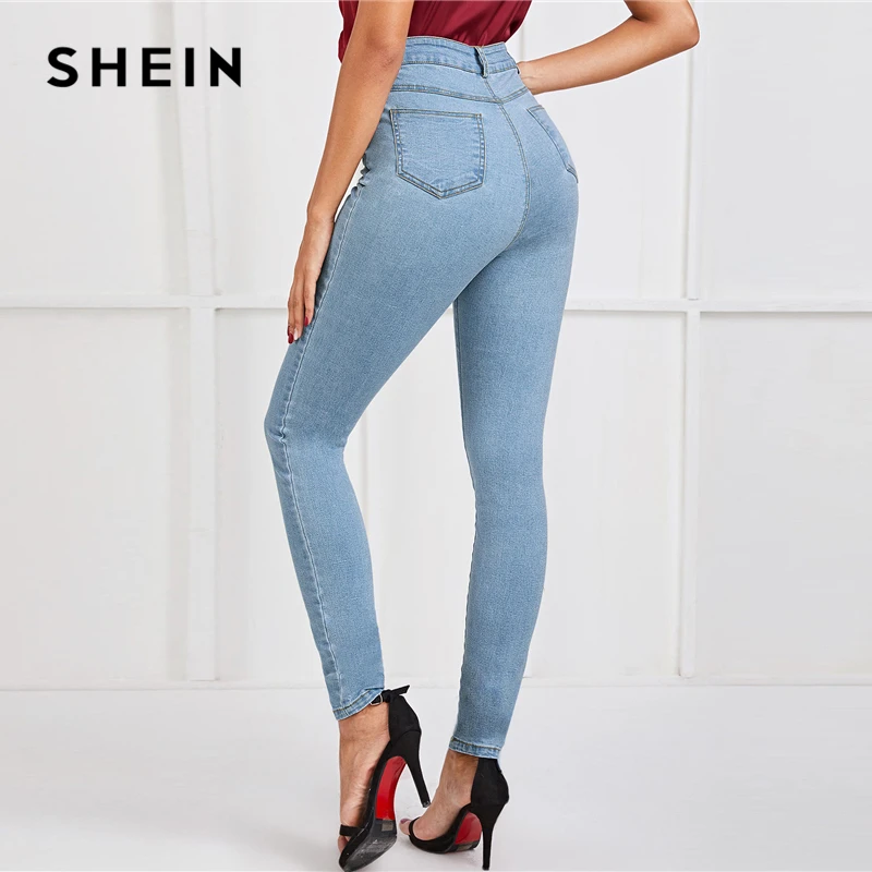 SHEIN светло-голубые облегающие повседневные джинсы на пуговицах, женские штаны, осень, уличная мода с высокой талией, длинные джинсовые брюки