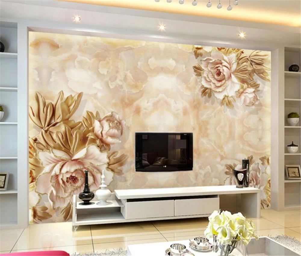 

Beibehang большой пользовательский европейский и американский мраморный пион рельефный телевизор гостиная спальня фон украшение для дома