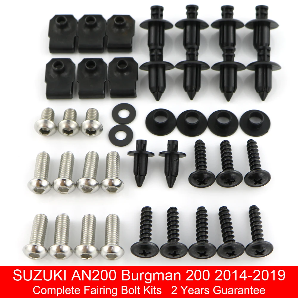 

Fit For Suzuki AN200 Burgman 200 2014 2015 2016 2017 2018 2019 Complete Fairing Bolts Kit Screws Clips Nuts Stainless Steel