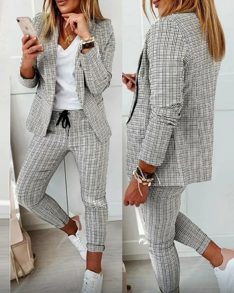 2022 Autumn Casual Plaid Print Long Sleeve Blazer Coat & Drawstring Pants Set Two Pieces Suits Womens Elegant Ladies Tops Lounge