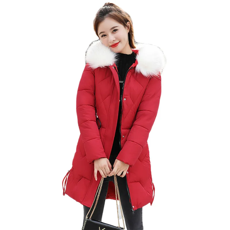 

Winter coat women red yellow M-3XL plus size white fur hooded down cotton Korean fashion slim thick warmth parka feminina