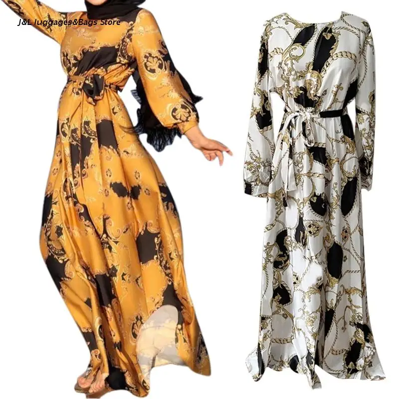 

M68C Floral Printing O-Neck Long Sleeve Abaya Muslim Dresses Islam Costumes for Women