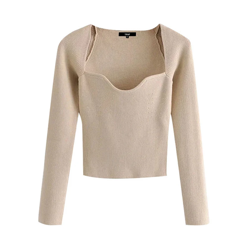 

Women Fashion With Sweetheart Neck Cropped Knitted Sweater Vintage Long Sleeve Fitted Female Pullovers Chic Tops
