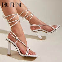 niufuni new fashion sexy lace up women sandals square toe thin heel cross tied party shoes high heels 9cm khaki white size 35 42
