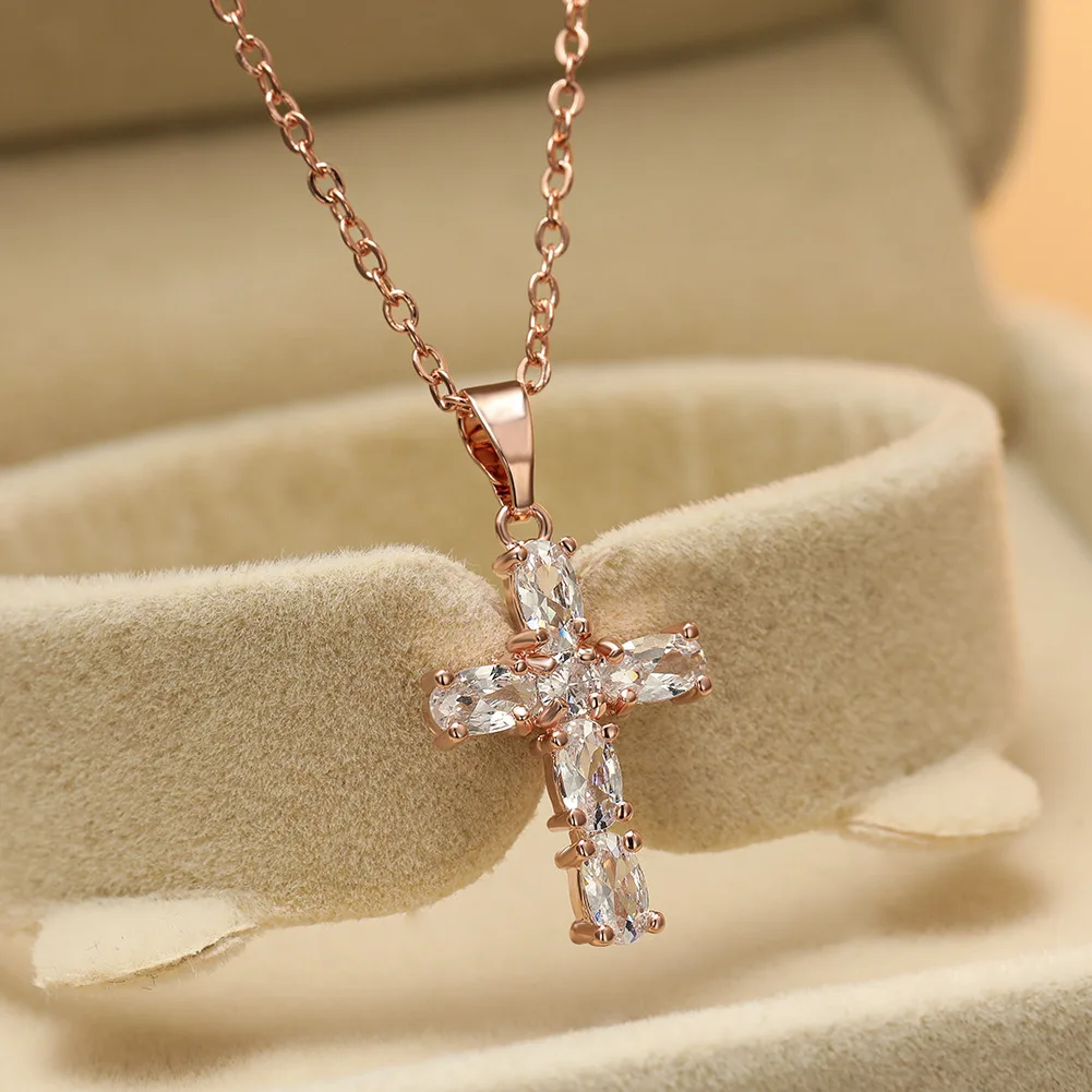 

Trendy Female White Crystal Pendant Necklace Charm Rose Gold Chain Necklaces For Women Cute Bridal Cross Wedding Necklace