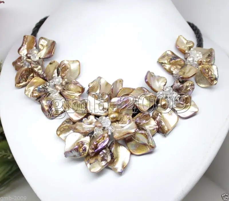 8 цветов плетеный желтый оболочка 5 жемчуг кристалл черный кожаный нагрудник