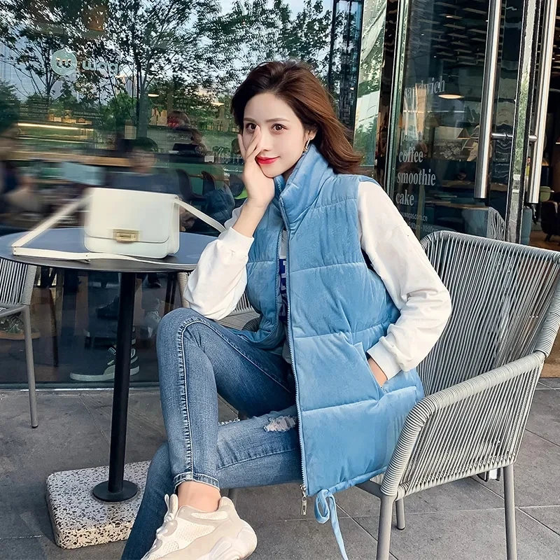 

New Autumn Winter 2021 Golden Velvet Vest Coats Women Fashion Casual Thicken Sleeveless Down Cotton Waistcoat Jackets Female