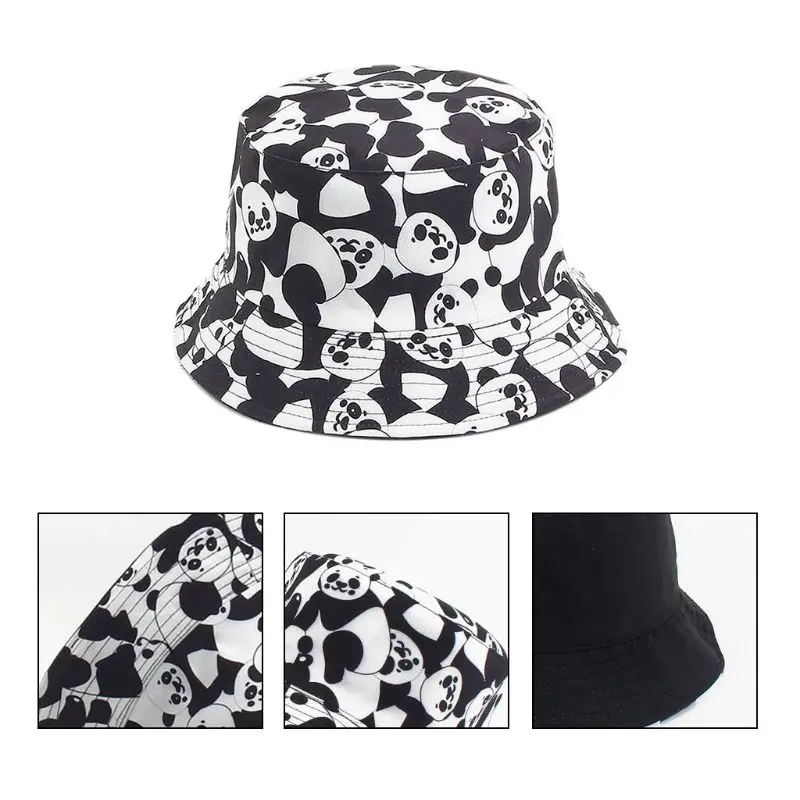 

Unisex Summer Bucket Hat Black White Panda Print Reversible Panama Fisherman Cap F3MF