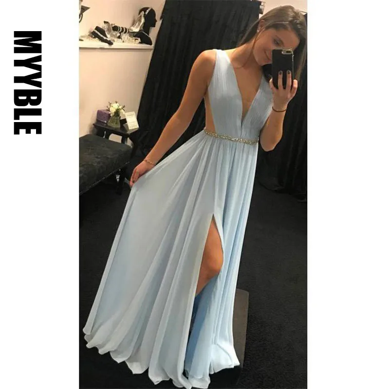 

Elegant Formal Dresses 2019 V Neck Prom Long Chffion Sexy Backless High Slit Women Evening Dress Plus Size Custom Party Gowns