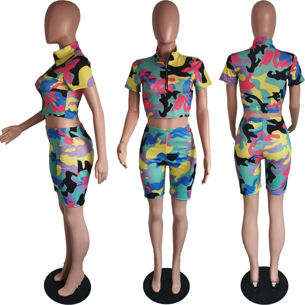 

Rainbow Camouflage Print Two Piece Set Women Clothing Deep V Neck Short Sleeve Crop Top And Fitness Short Plus Size Club Outfit