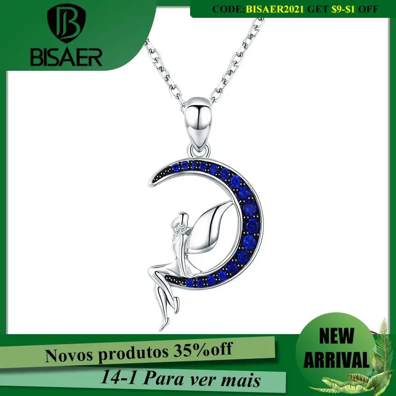 

BISAER Necklaces 100% 925 Sterling Silver The Night Fairy Pendant Moon Original Link Chain For Women Fine Jewelry Gift HSN244