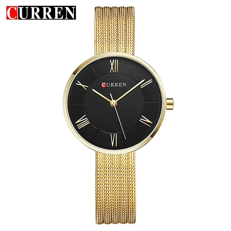 

Часы CURREN женские кварцевые деловые, брендовые люксовые золотистые повседневные, с сетчатым браслетом из нержавеющей стали