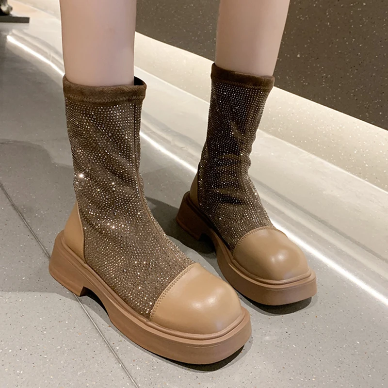 

Rimocy Shining Crystal Ankle Boots for Women 2021 Square Toe Thick Heels Boots Woman Patchwork Pu Leather Autumn Winter Botas