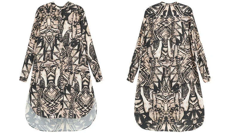 L~ 4XL 5XL хаки геометрический принт длинная высокая низкая рубашка платья плюс размер женские однослойные с длинным рукавом Хлопок миди платье A4117