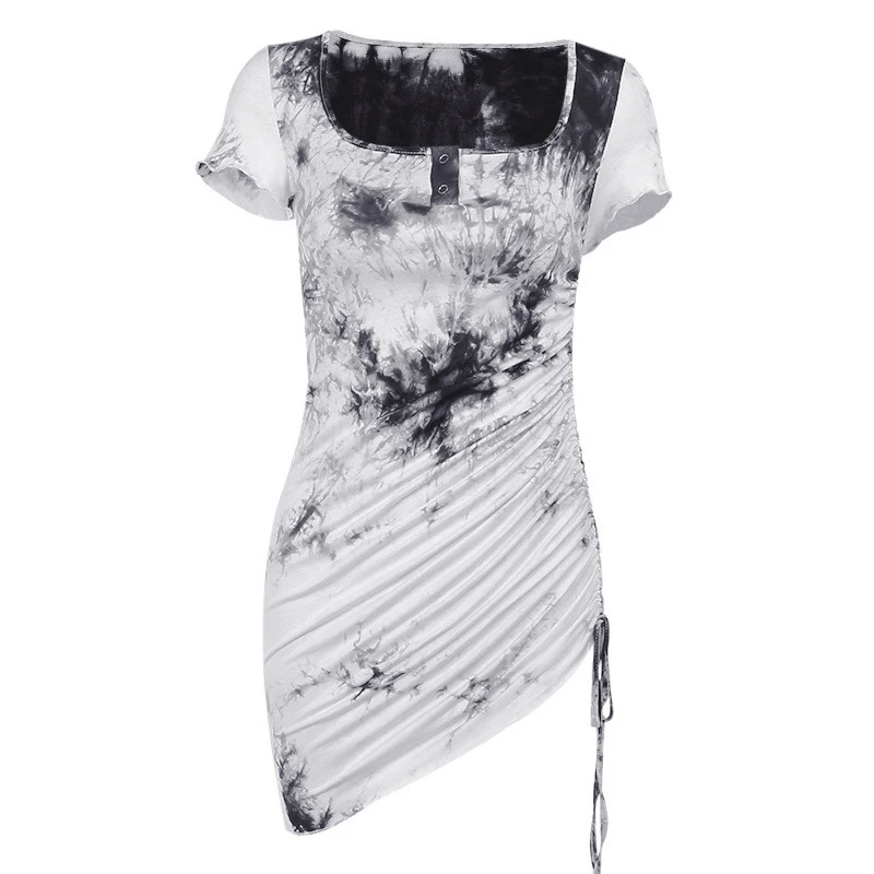 

Tie Dye Square Collar Casual Dress Side Drawstring Ruched Short Sleeve Pencil Dresses Women Lace Up