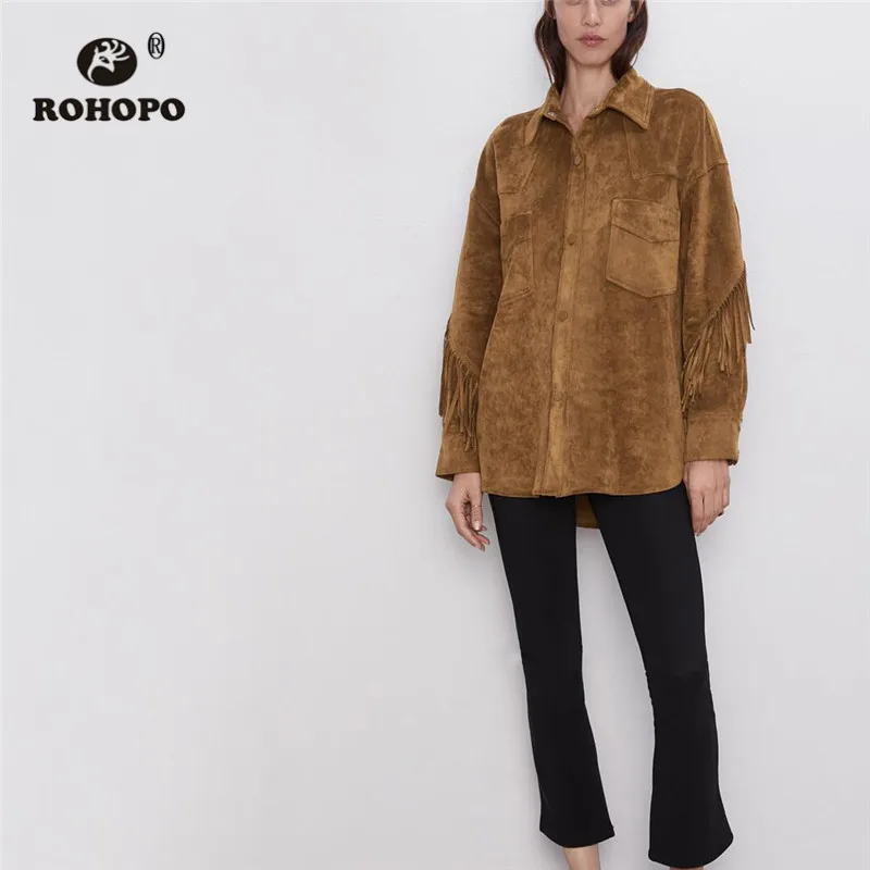 ROHOPO/однотонная замшевая кремовая блузка с кисточками на спине и рукавах осенние