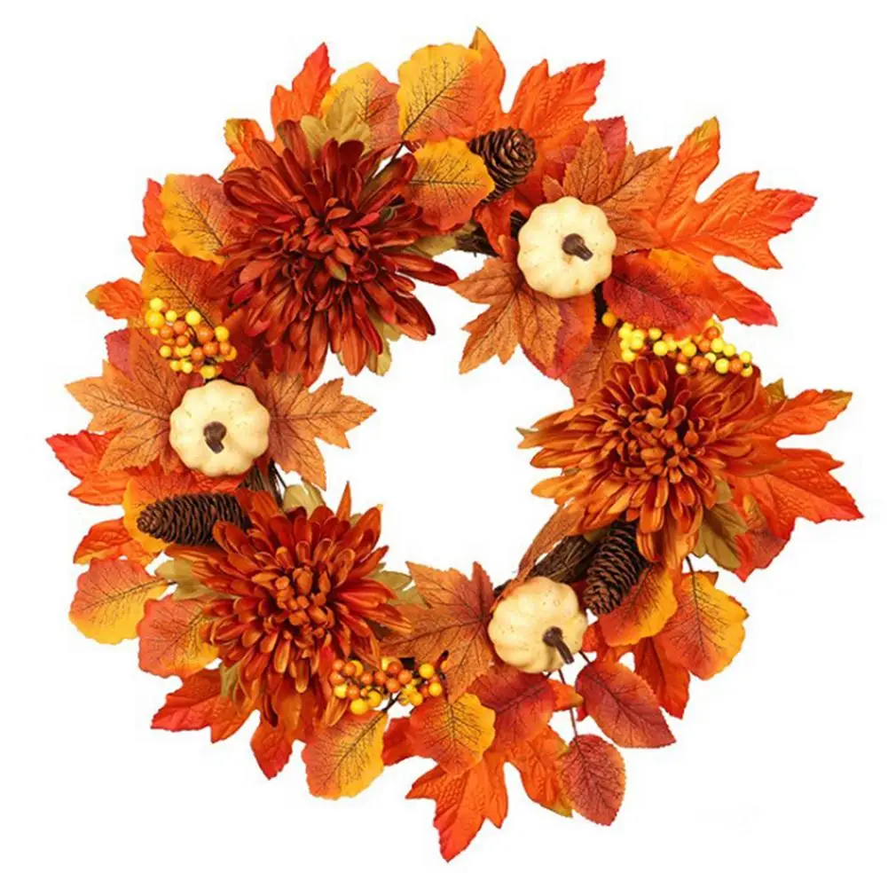 

Halloween Door Wreath Decorations, 55cm Round Artificial Maple Leaves Fall Wreath for Home Front Door Table Wall Decorations