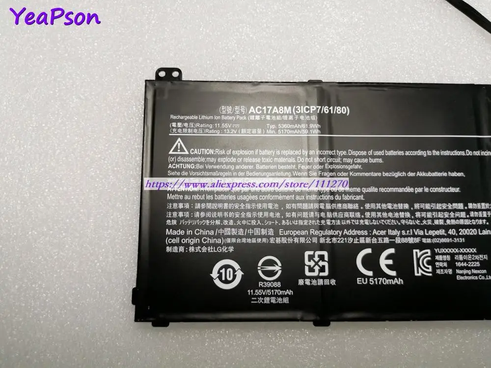 Аккумулятор для ноутбука Yeapson AC17A8M 11 55 V 5360mAh Acer Spin 3 SP314 52 549T 331FP SF314|Аккумуляторы
