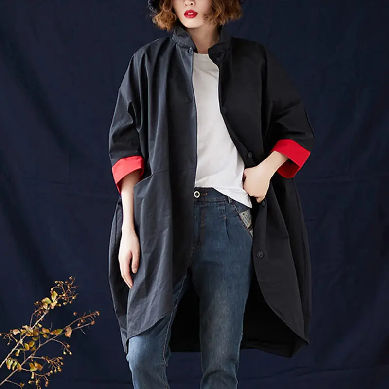 Large Size Women Shirt Windbreaker Jacket 2020 Fashion Loose Casual Stand Collar Hit Color Seven Sleeve Spring Coat Blusa R26 | Женская