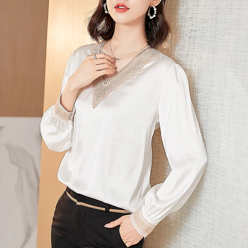 Korean Silk Women Blouses Woman V-neck Silk Shirt Women Long Sleeve Blouse Woman Embroidered Satin Blouses White Tops Plus Size