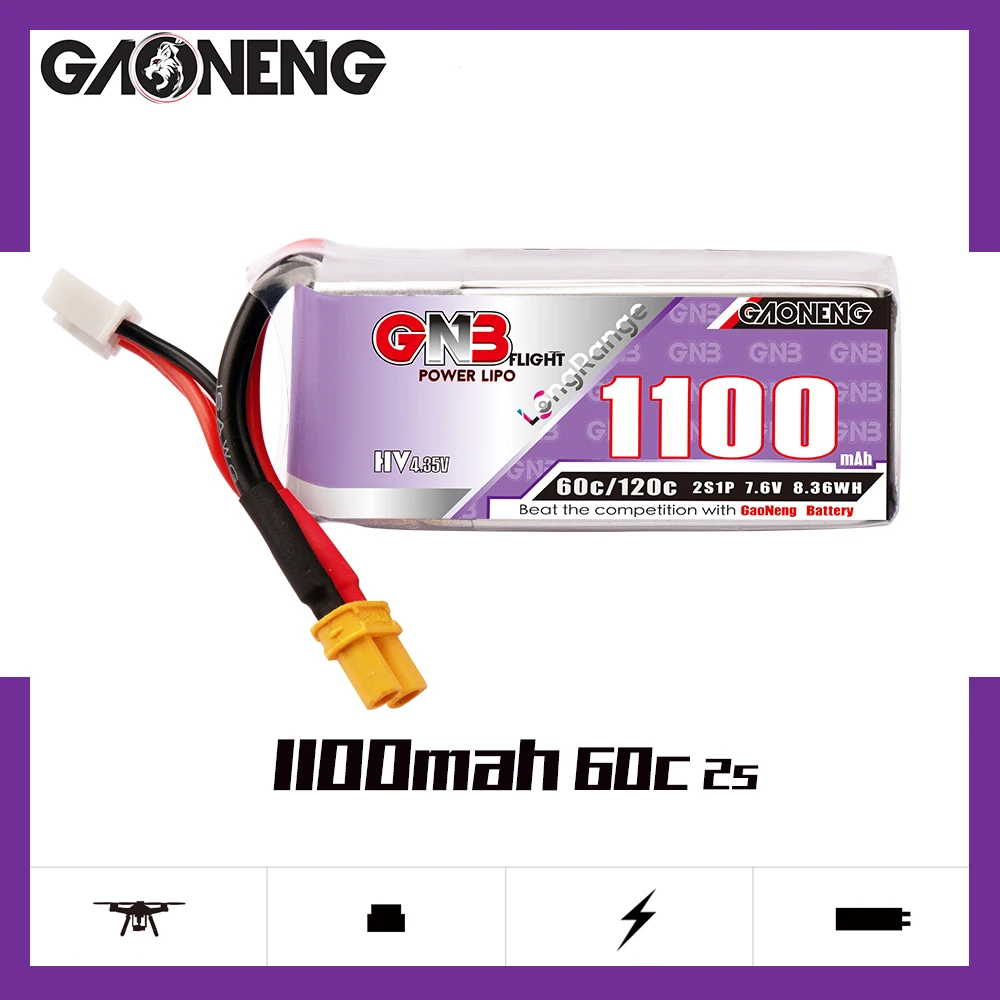 2 шт. Gaoneng GNB 1100 мАч 7 6 В 60C/120C 2S 1P легкий HV Lipo аккумулятор XT30 XT60 разъем для FPV