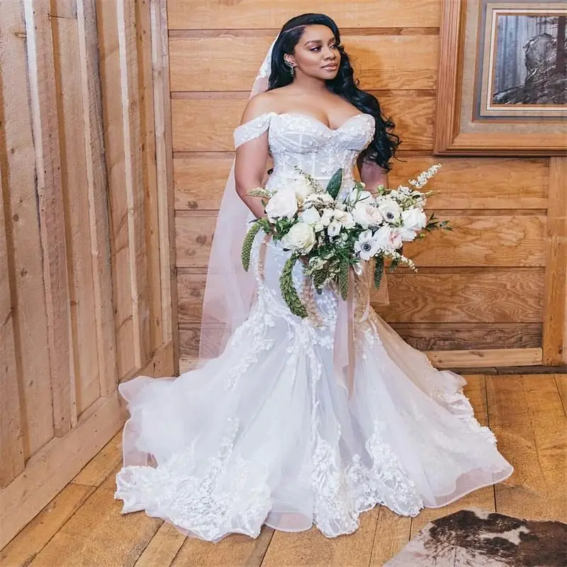

Robe De Mariee Modest Plus Size Wedding Dresses Mermaid Off Shoulder Sweetheart Trumpet Lace Appliques Bridal Gowns Sweep Train
