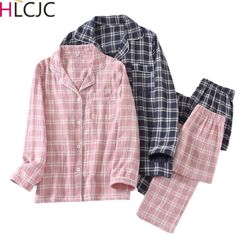 

100% Cotton Gauze Lovers Pajamas Spring Crepe Long-sleeved Sleepwear Plaid Casual Pajama Set Women and Men Home Clothes 2 Pieces
