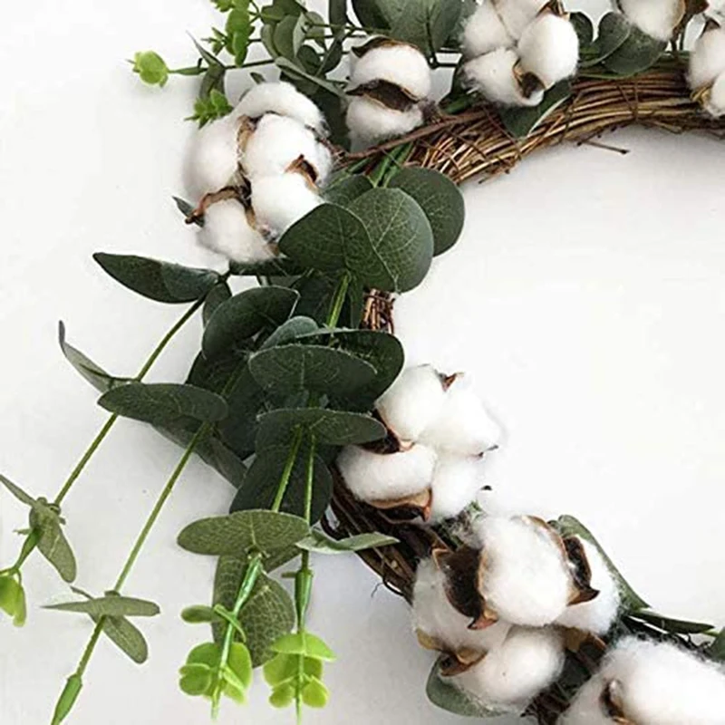 

Cotton Ring Farmhouse Natural Cotton Boll Antique Flower Round Wreath and Artificial Green Leaf Retro Wreath