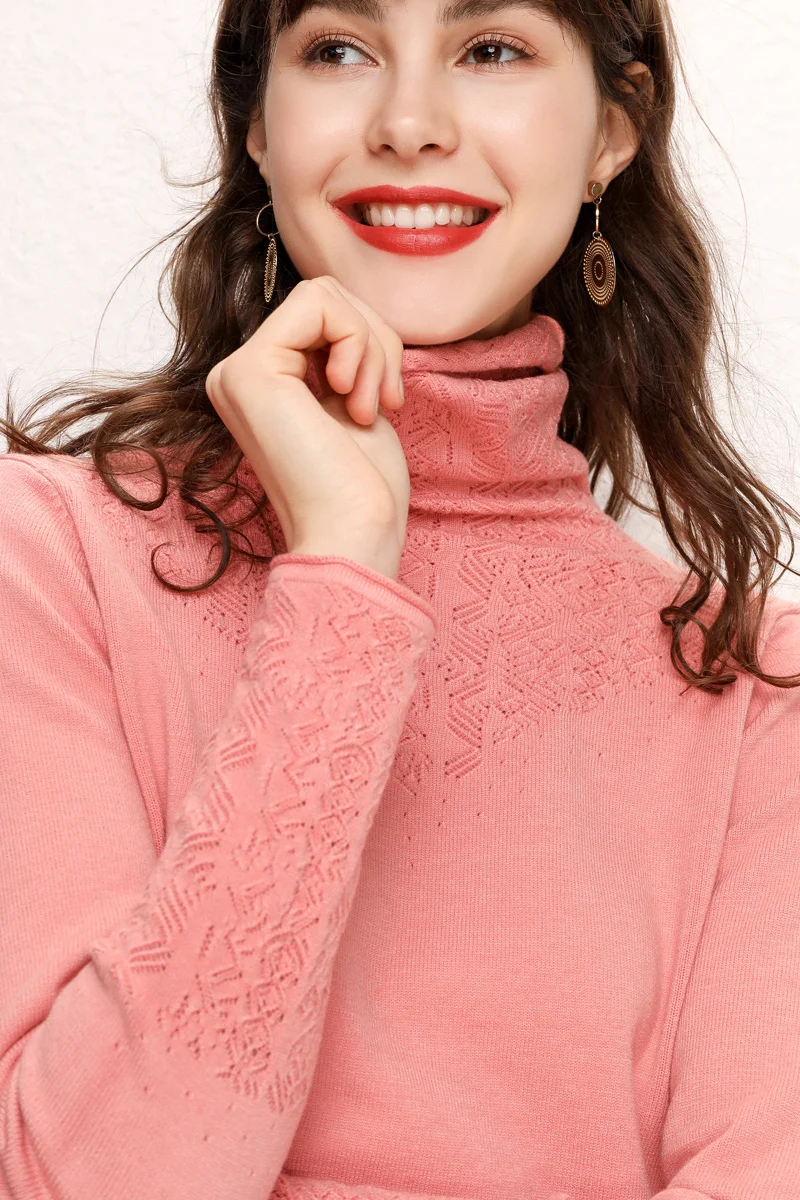 Autumn Winter New Women Sweater Openwork Carved Cashmere Solid color Soft fashion Hedging Wool Knit High-collar | Женская одежда
