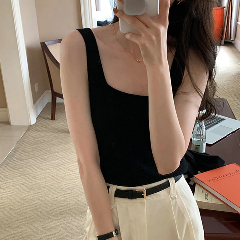 

Women's Clothing Square Collar Solid Short Knit Vest Female 2021 Autumn Korean Slim Tops High Quality Black Crop Top