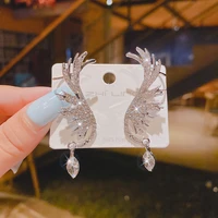 korean fashion angel wing full rhinestone earrings popular leaf shaped clear crystal earrings for women gifts party clip jewelry