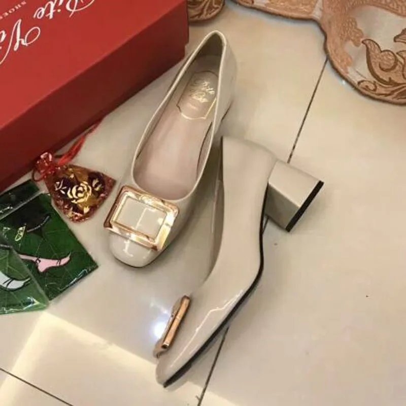 Женские туфли на высоком каблуке 5 см вечерние металлической квадратной пряжкой