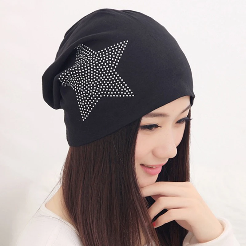 ELIfashion Модные Стразы Блеск Шапки Для женщин Зимняя вязаная Кепки s Big Star эластичный Для женщин шляпа Женская хлопковая Кепки 5 цветов