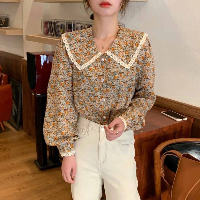 

Женская кружевная блузка с оборками, Повседневная Свободная универсальная офисная блузка с винтажным принтом в стиле ретро, 2021